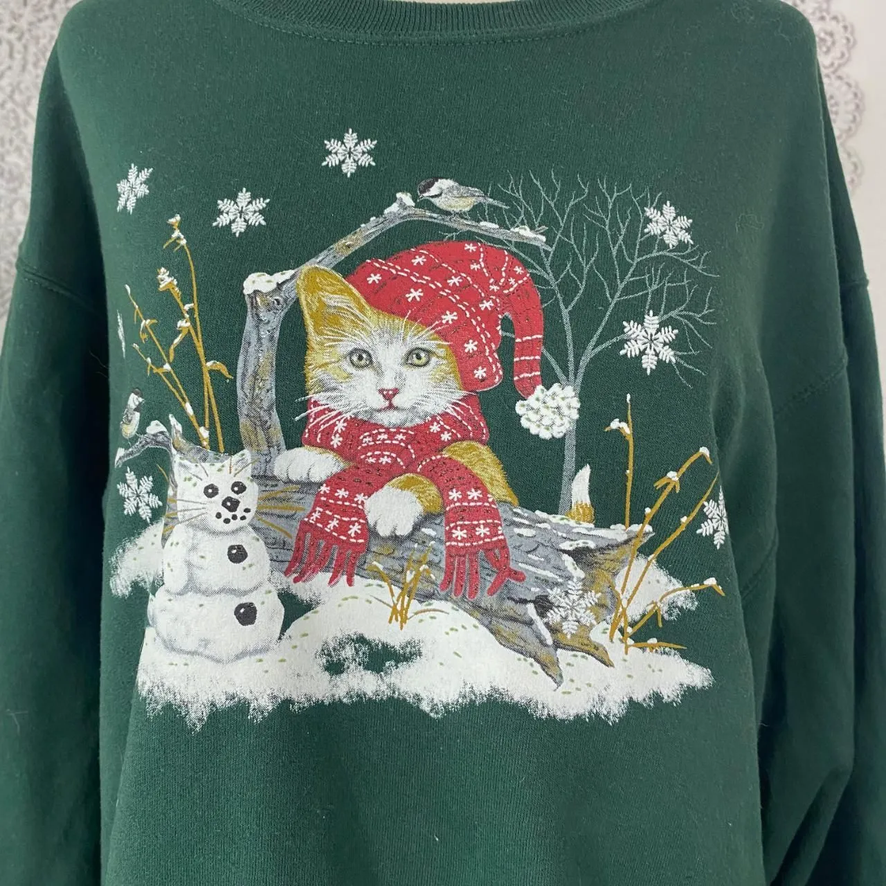 Jerzees VTG Nostalgia Cat Dark Green Christmas Snow Crewneck Sweater M - Image 3