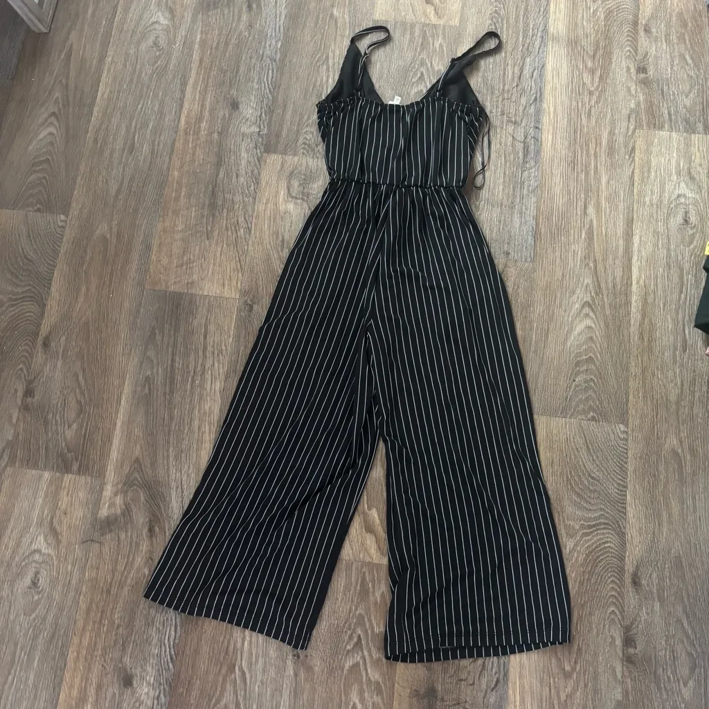Kaileigh Rica Knot Crop Jumpsuit Black & White Pinstripe – Small - Image 5