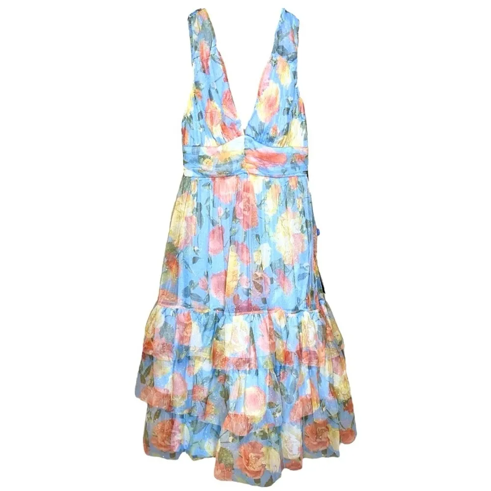 Lulus Perfectly Divine Blue Floral Tulle Tiered Ruffle Midi Dress Sz M NWT Size M - Image 4