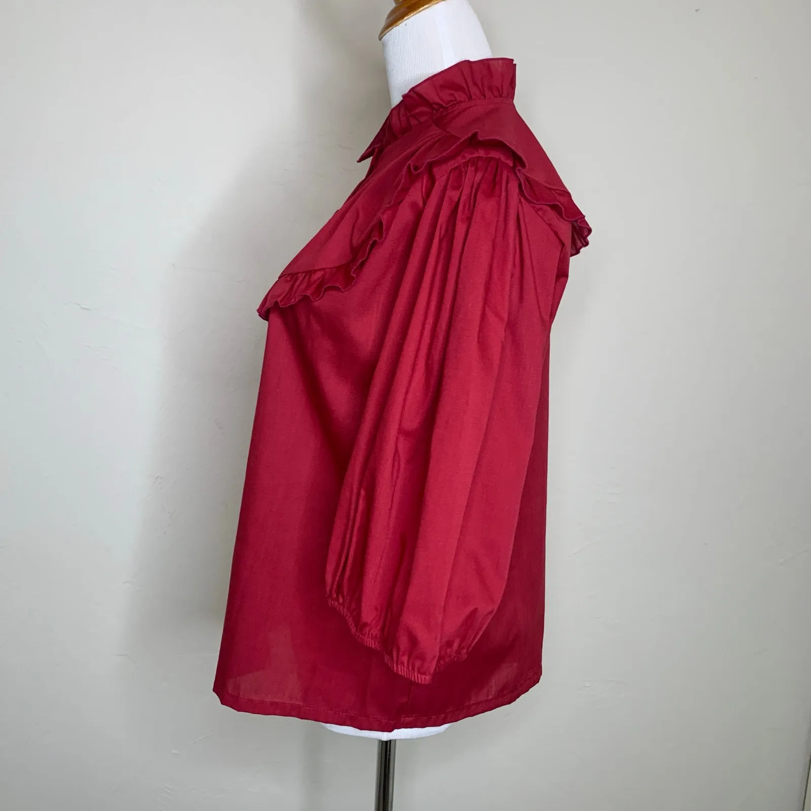 80s Vintage Burgundy Maroon Ruffle Peasant Boho Blouse Sz? Medium Red - Image 3
