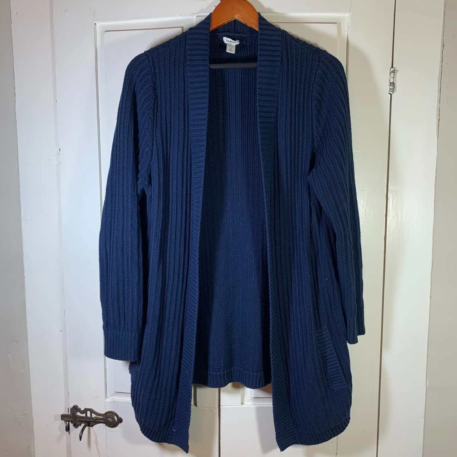 LLBean Navy Blue Ribbed Knit Open Front Cardigan Sweater Women Large Nautical - Image 3
