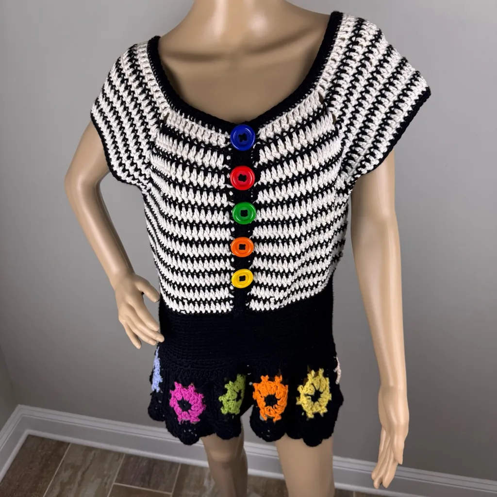 hand made blouse crochet For Women's‎ Size M/L Short Sleeve Colorful Boho Fairy Black Size M - Image 3