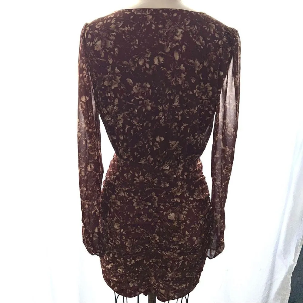 Save The Label Aura Beige/Brown Base Abstract Print Ruched Long Sleeve Dress-M - Image 6