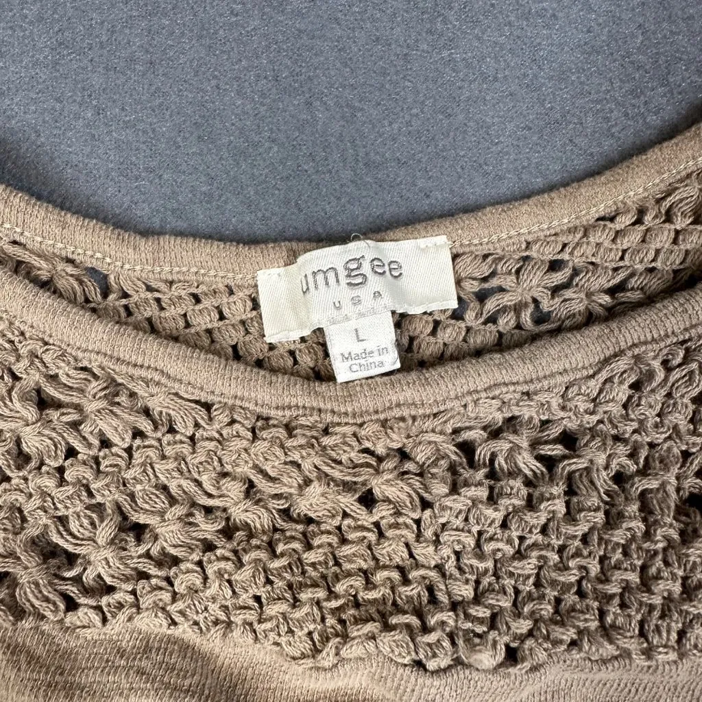 Umgee USA Womens Large Olive Green Crochet Detail Cotton 3/4 Sleeve‎ Shirt - Image 6