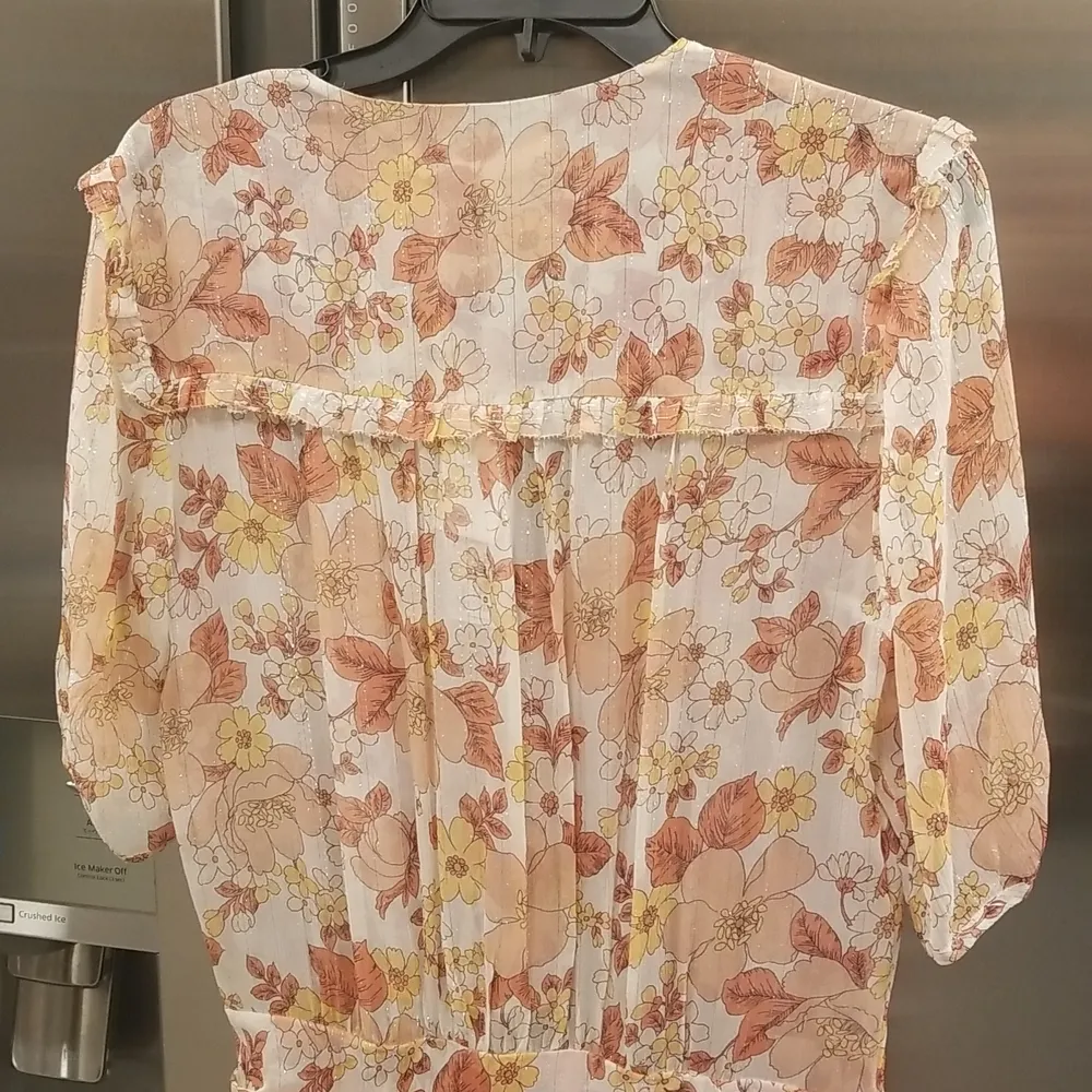 đź’•VERONICA BEARDđź’• Dakota Ruched Silk Dress ~ Melon Metallic Floral Print 12 NWT - Image 11