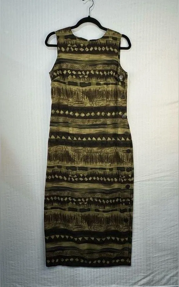 R & K Green Brown Tribal Print Sleeveless Maxi Shift Dress Size 8 Button Accents - Image 3