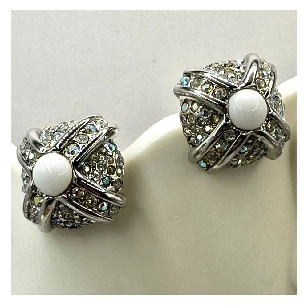 St. John silver tone and white square clip on earrings - Image 5