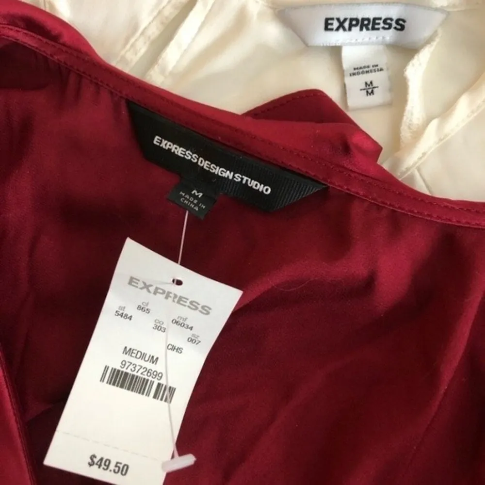 EXPRESS Silky Tops Burgundy Ivory Size Medium Pullover Popover TWO SHIRTS - Image 7