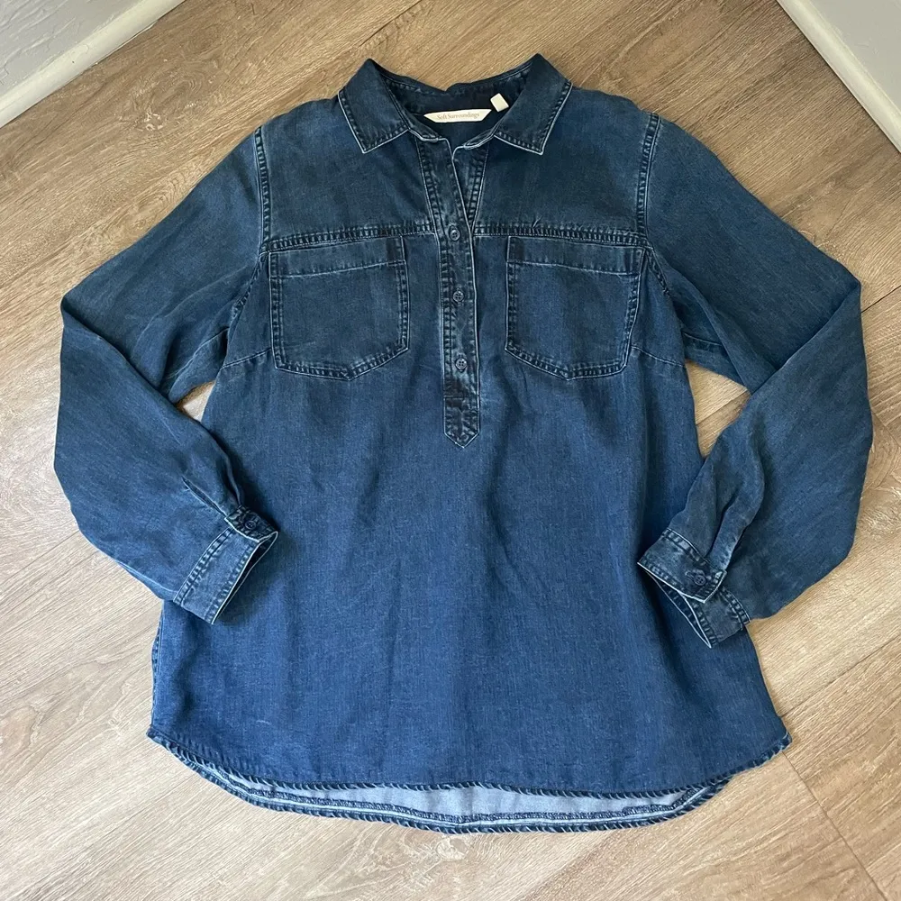 Soft Surroundings Boulevard Button Tunic Shirt Blue Chambray Roll Tab ~ Size XS - Image 3