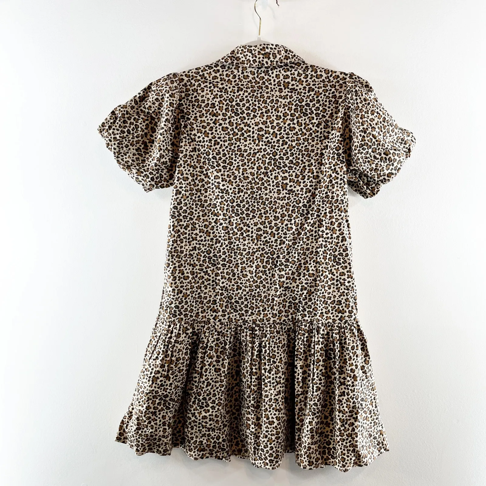 J. Crew Bubble Short Puff Sleeve Button Up Drop Waist Leopard Print Mini Dress - Image 4