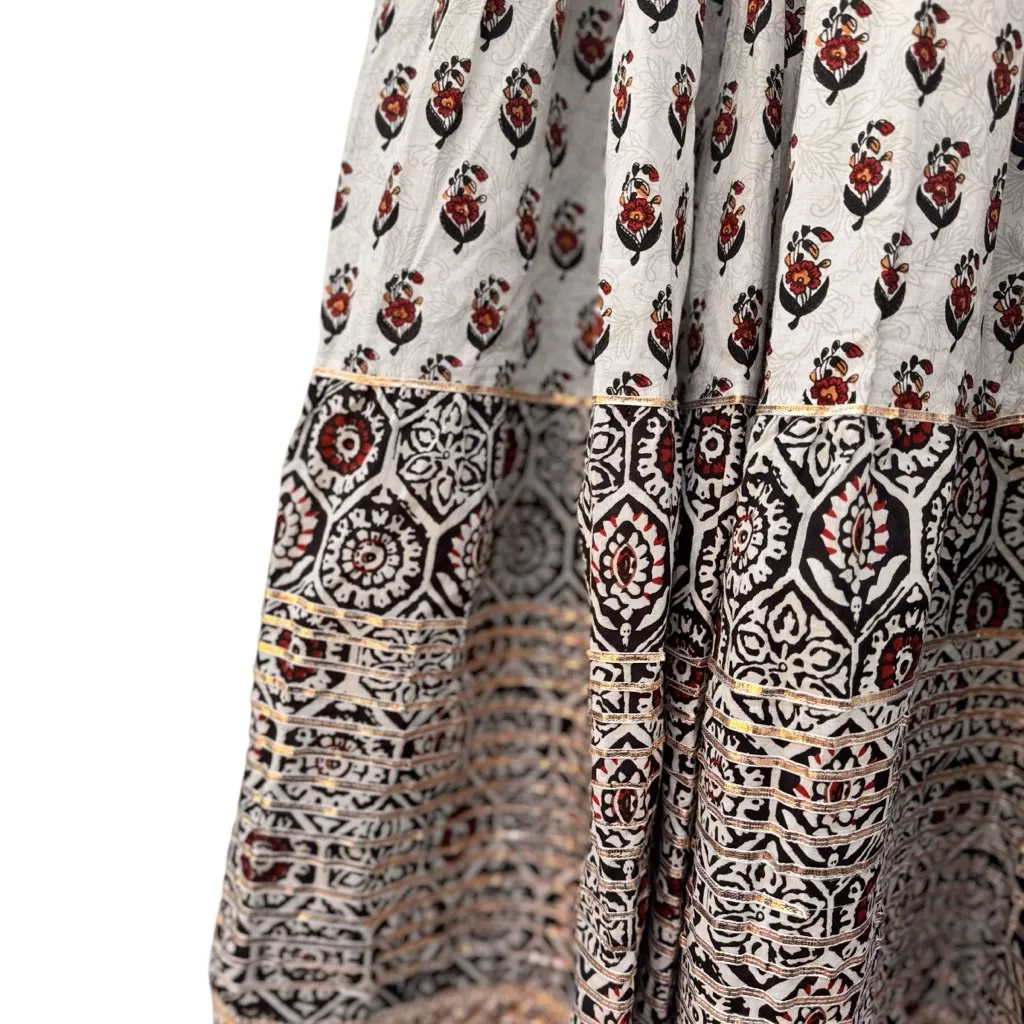 Studio Rasa Block Print Tiered Wide Leg Palazzo Pants Size 40 Boho Metallic Hem Gold - Image 5