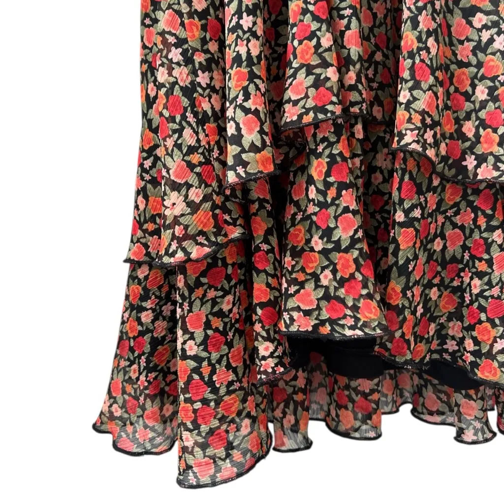 Zara Floral Tiered Ruffle Women’s Mini Dress Size Medium Orange Red Deep V-Neck - Image 3