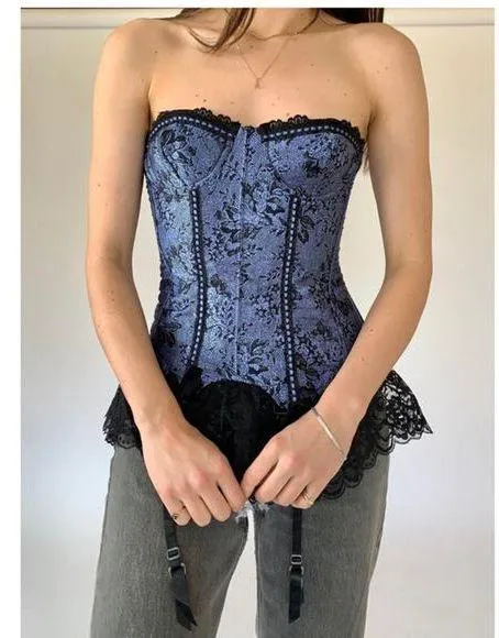 Y2K Frederick’s of Hollywood bustier in purple with black lace ruffles size 34 - Image 1