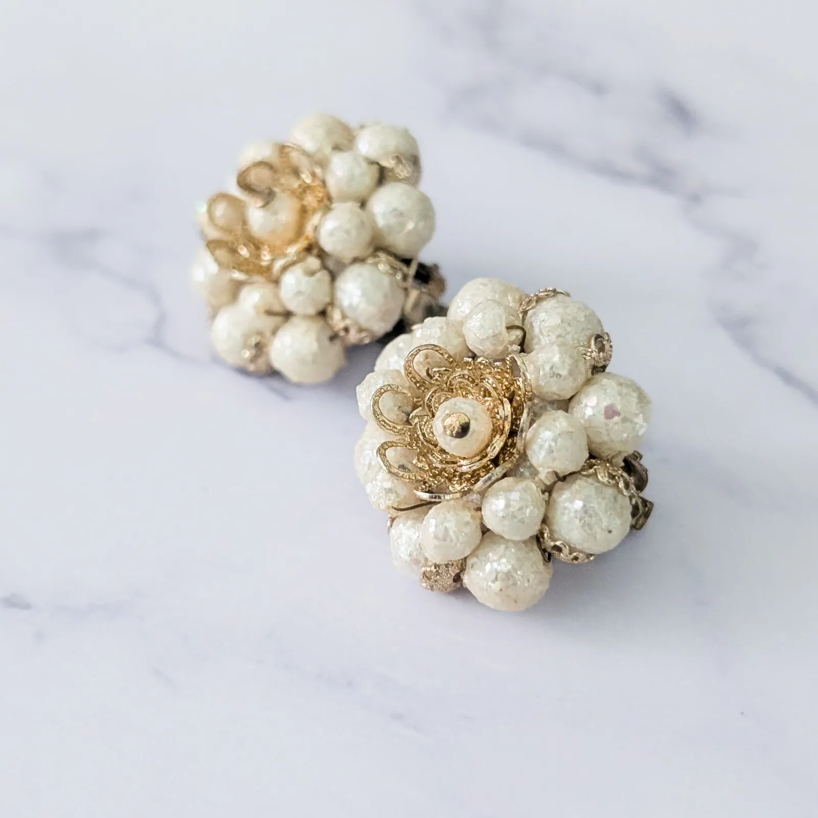 Vintage Clip On Earrings Cream & Gold Tone Stamped Japan Large - Image 3