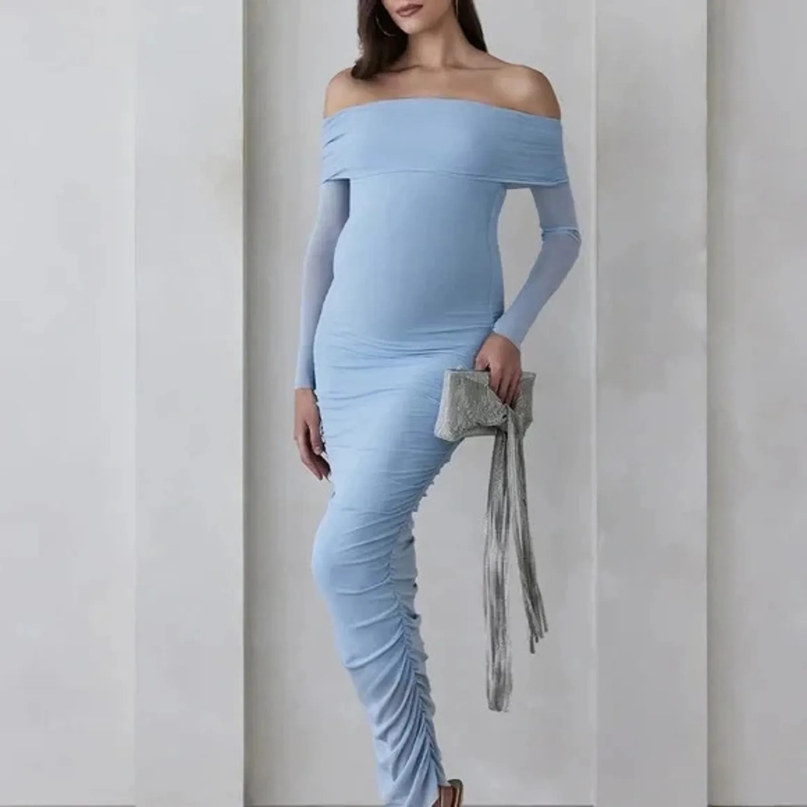 Bumpsuit Maternity Dress Medium Powder Blue Mesh Long Sleeve Of Shoulder Fitted - Image 9