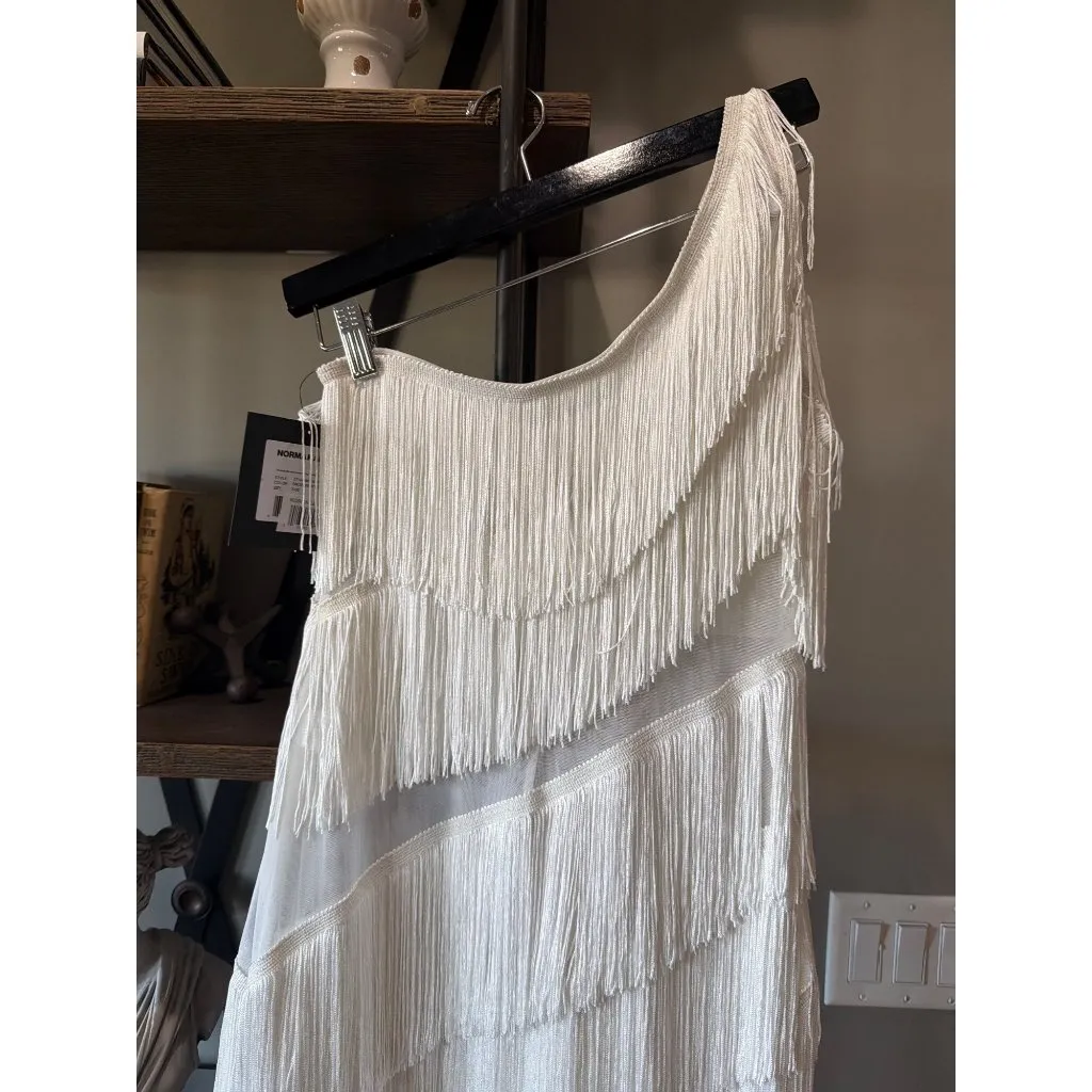 Norma Kamali Spliced One Shoulder Mid Calf Dress All Over Fringe Snow White Wome - Image 9
