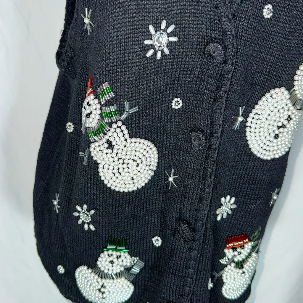 VICTORIA JONES • Vtg Christmas Vest Sweater Beaded Snowman Ugly Sweater Black Lg - Image 2