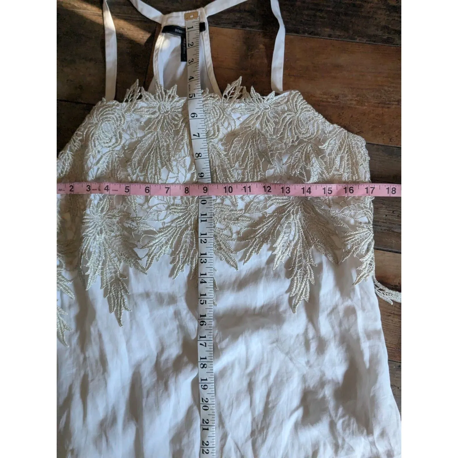 BCBGMAXAZRIA Halter Tunic Dress L Linen Tencel White Glam Boho Lace Overlay - Image 5