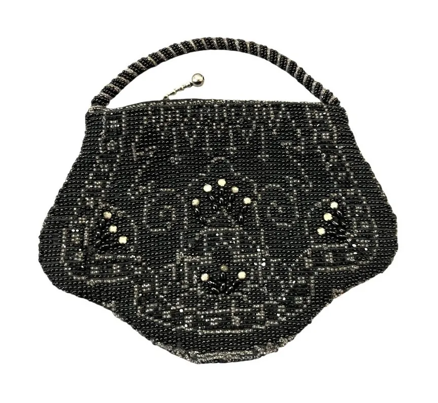 Vintage Black Beaded Evening Purse Tan/Silver Rhinestone Accents Tiny Used - Image 1