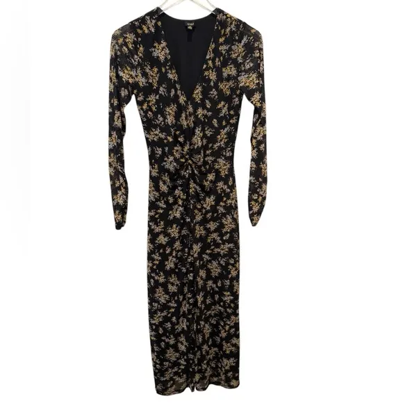 AFRM Tezza Black and Gold Floral Mesh Long Sleeve Ruched Midi Dress size Small‎ - Image 2