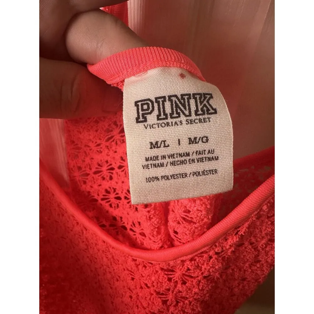 Pink Victoria Secret Top Womens M/L Beach Cover Up Crop Macrame Neon Halter - Image 4