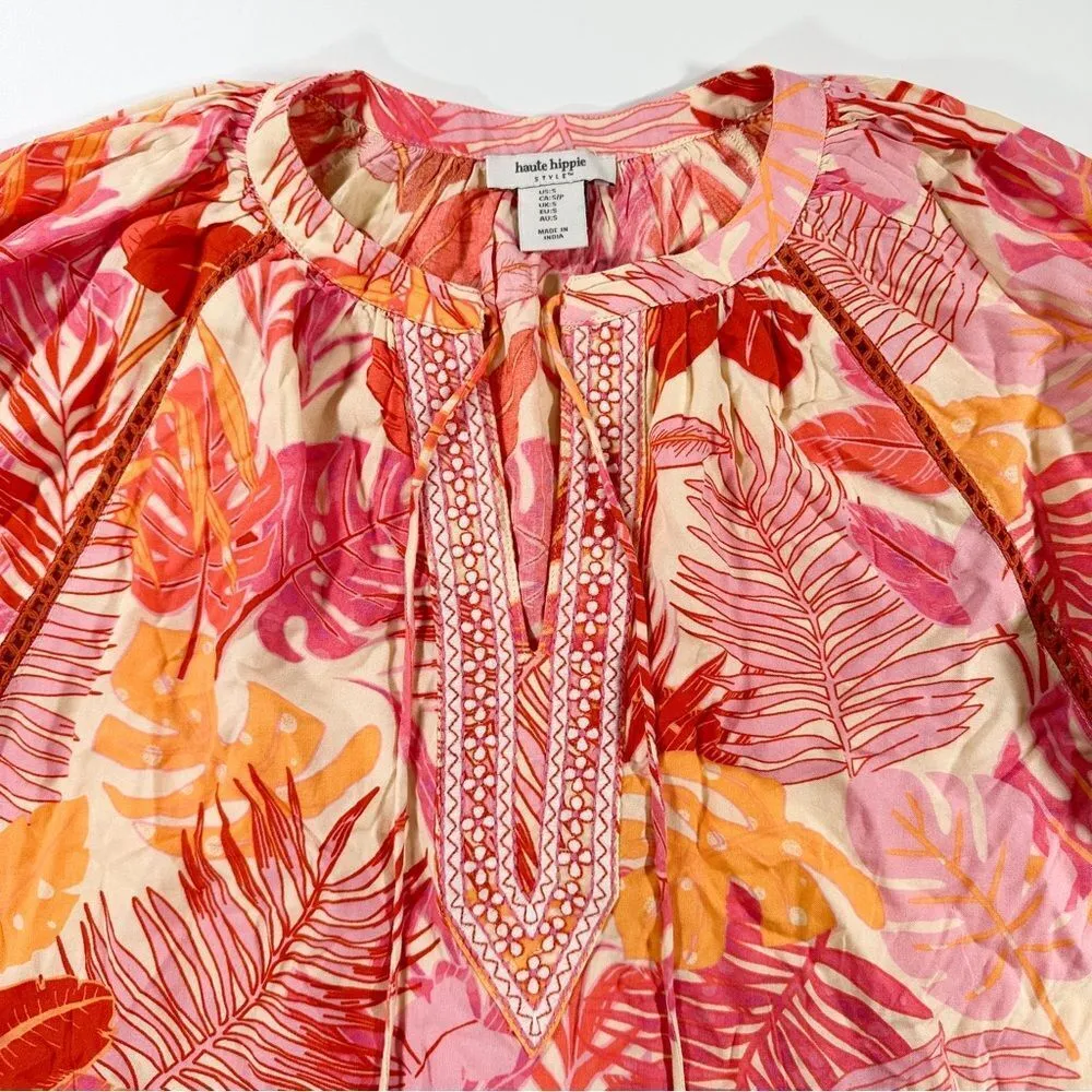 Size S Tropical Floral Bohemian Peasant Style Blouse With Tassels - Image 8