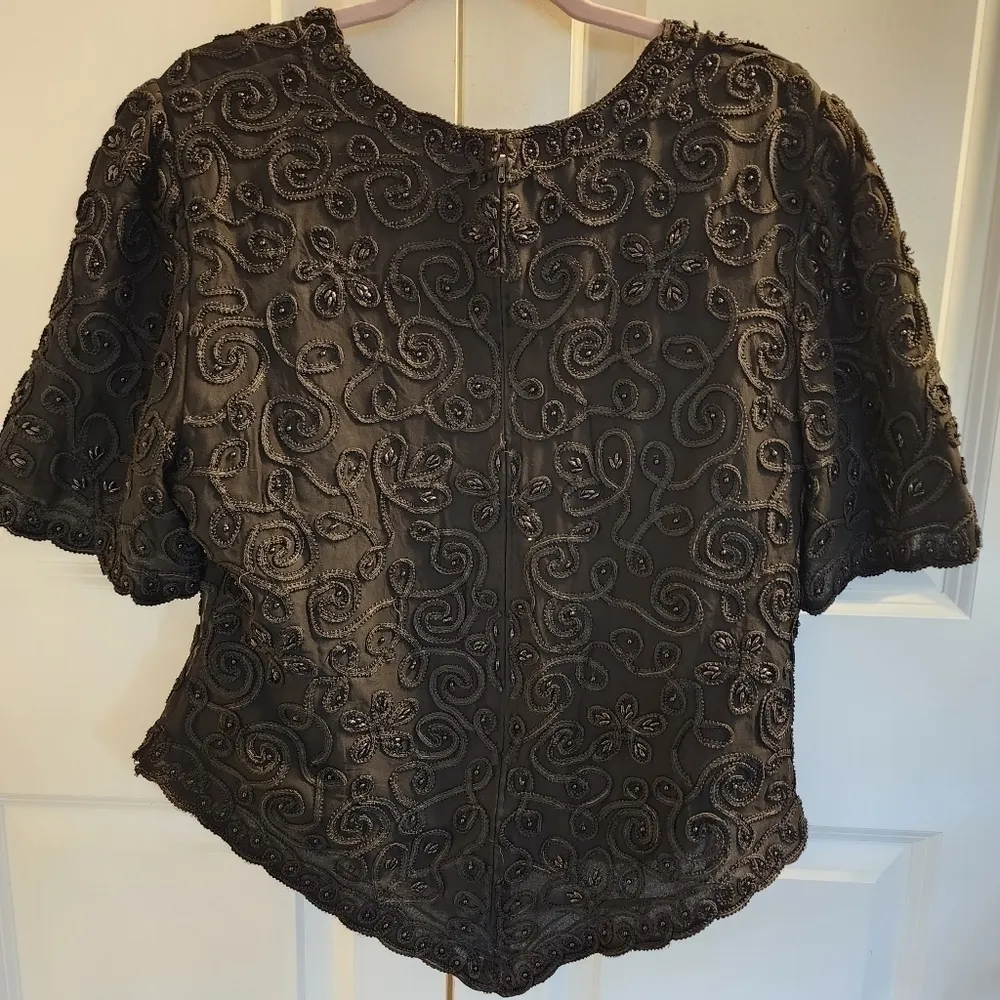 Laurence Kazar v cut shirt 1980’s Vintage Embellished Beaded silk Zip Blouse - Image 6
