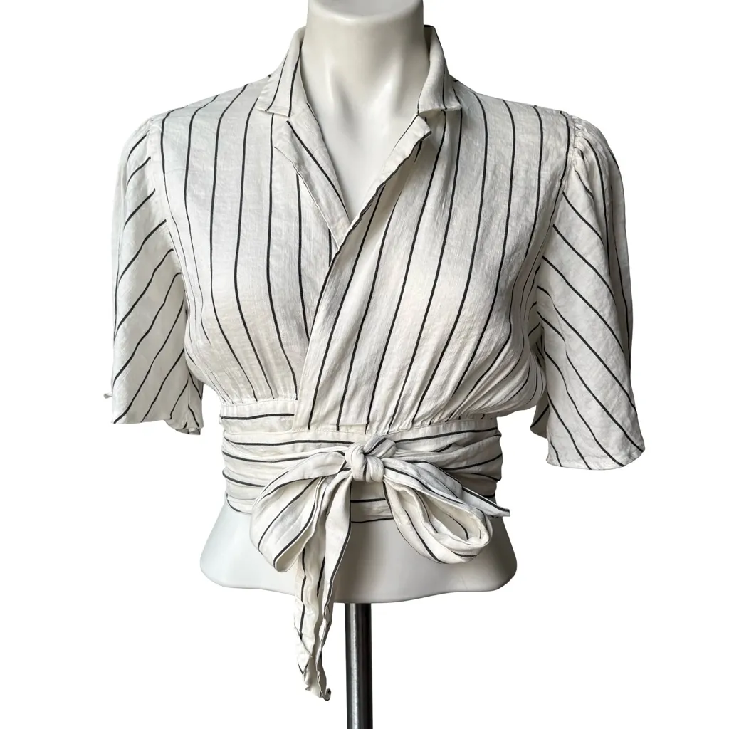 FREE PEOPLE "Tied To You" Wrap Striped Crop Linen Blend Top, Sz S - Image 9