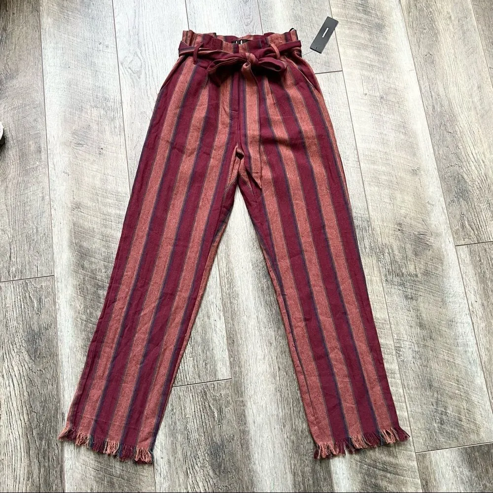 NWT Lulus Renfroe Burgundy Striped Pants Paper Bag Wide Leg Raw Hem Belted XS - Image 8