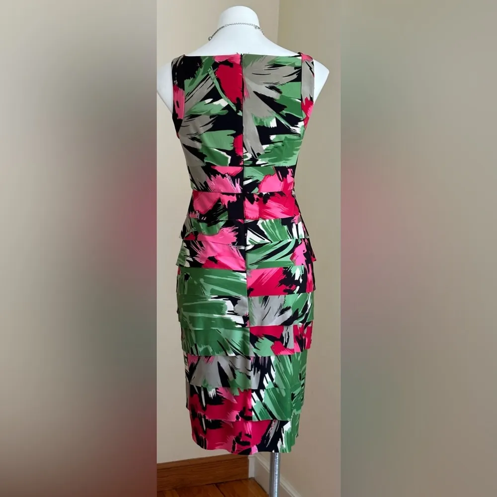 London times pink red Green Black Body con Dress SZ 4 Strips of layered … - Image 5