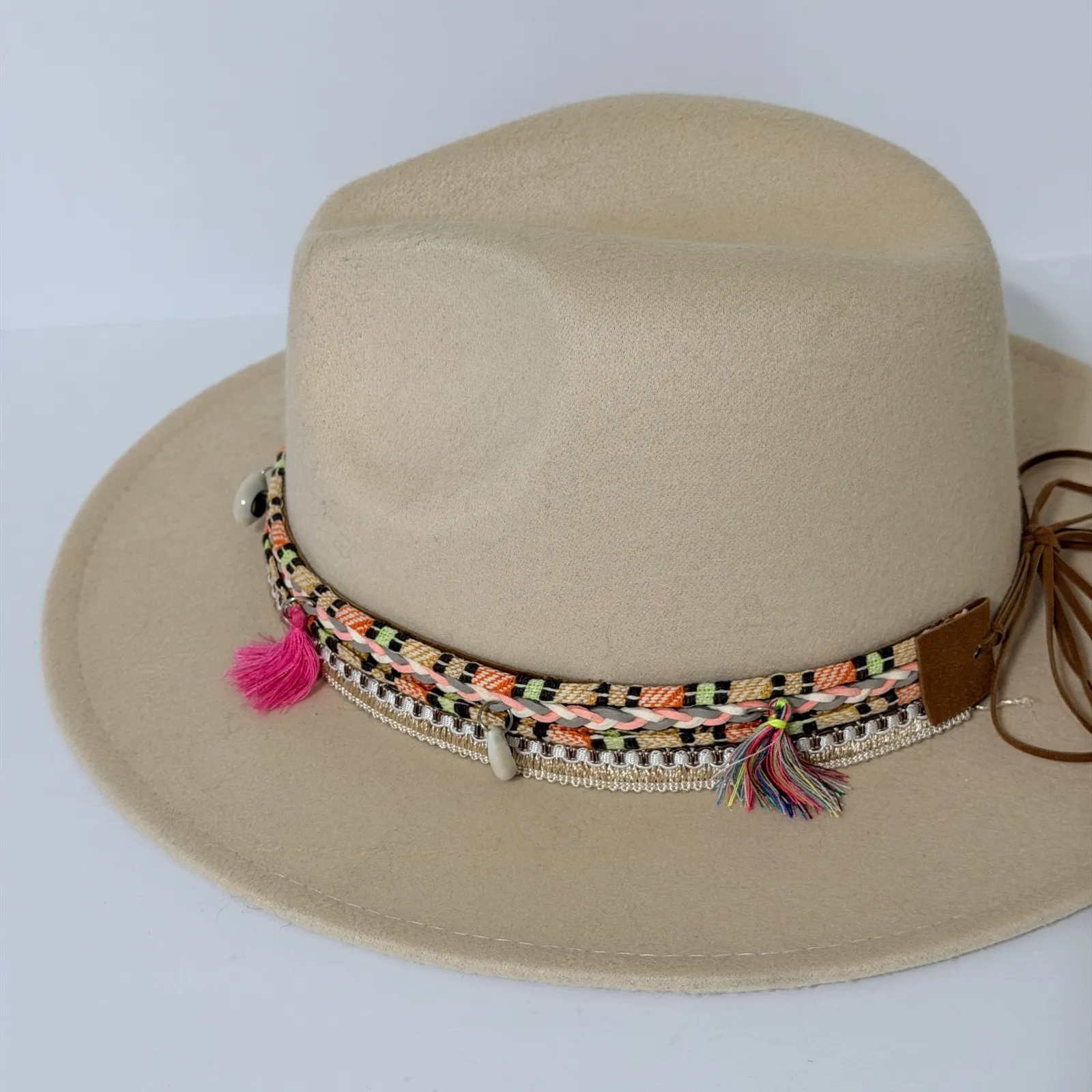 Boho Western Wool Fedora Rancher Hat with Tassels Seashells Woven Band Tan - Image 8