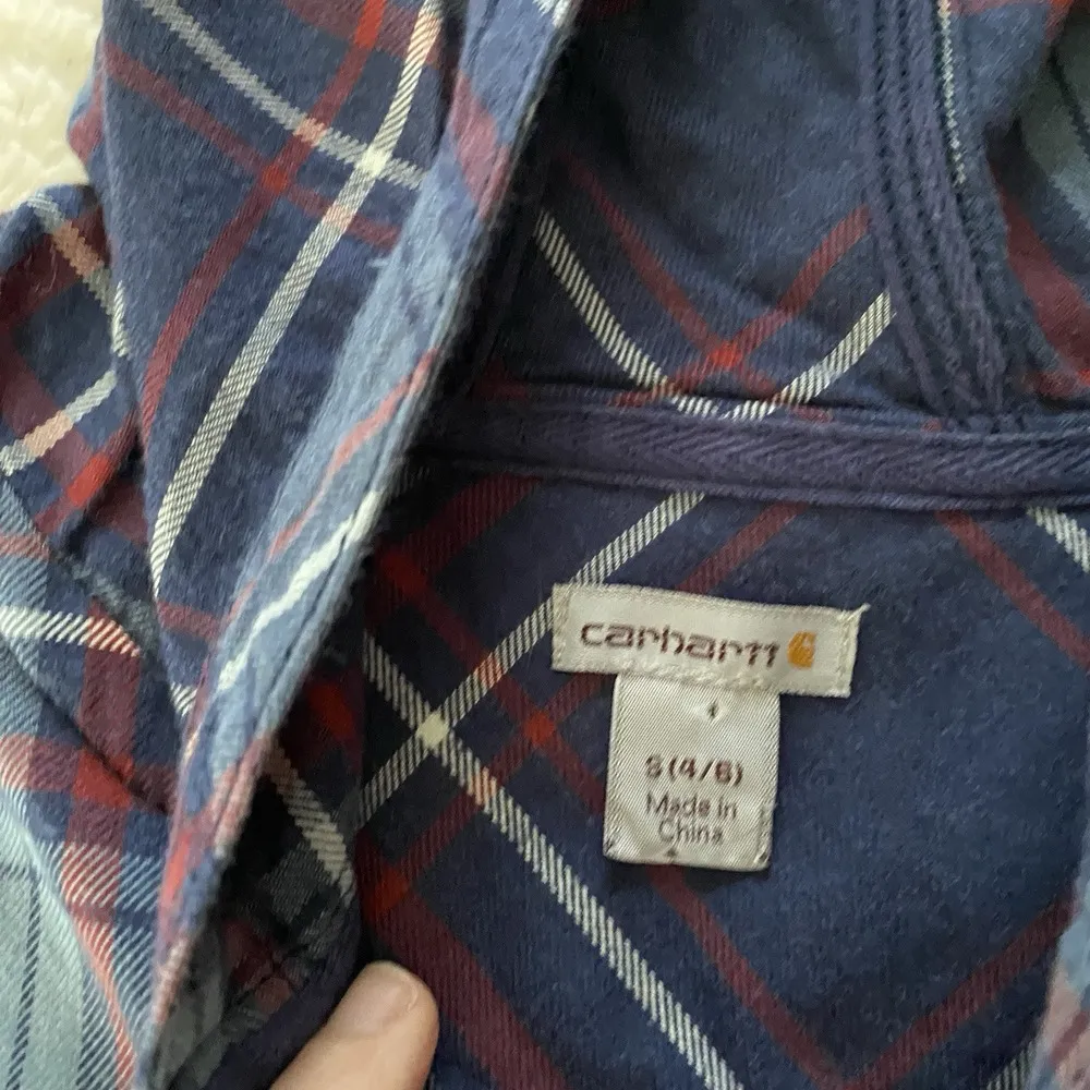 Carhartt Hooded Plaid Flannel Buttonup Small Blue‎ Red Casual - Image 2