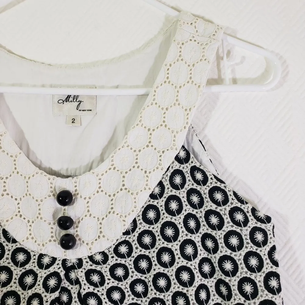 MILLY OF NEW YORK Size 2 Black White Embroidered Sleeveless Shift Dress - Image 7