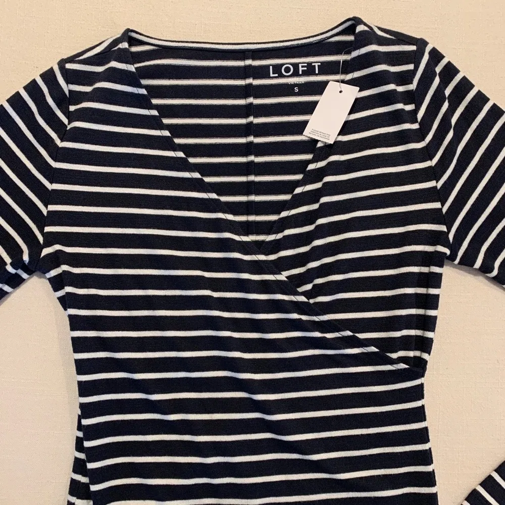 NWT LOFT Navy & White Stripe Wrap Top Long Sleeve Bodysuit Size Small - Image 3