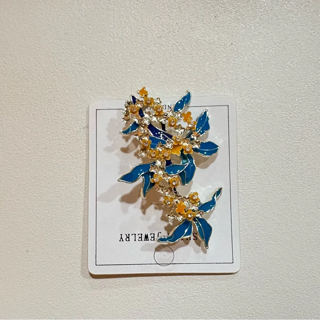 Vintage Enamel Osmanthus Brooch Blue Floral Pin Elegant Retro Jewelry for Women - Image 3