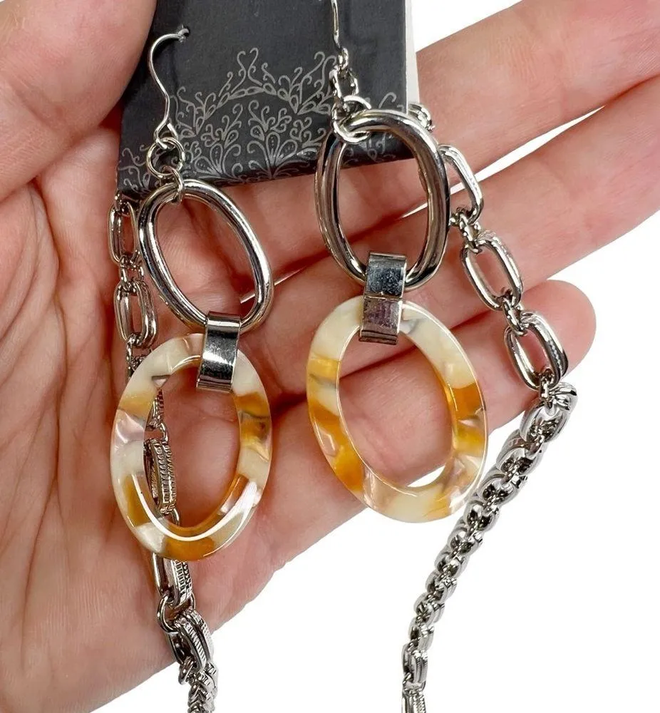 NWT Howard’s Marbleize Acrylic Oval Necklace & Earrings Set Silver - Image 3