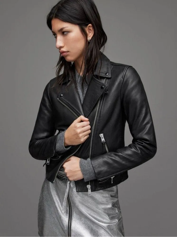 NWT AllSaints Dalby Slim Fit Leather Biker Jacket Black Size 4 - Image 3