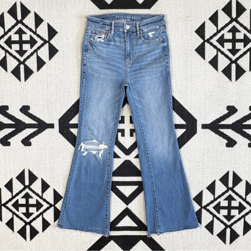 American Eagle Ripped Super Hi-Rise Flare Jeans in Cool Hand Blue Size 2 Short - Image 5