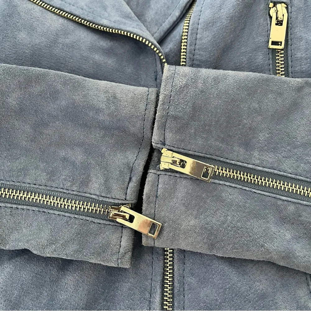 Mango Blue Pigskin Leather Suede Biker Jacket, Sz S - Image 14