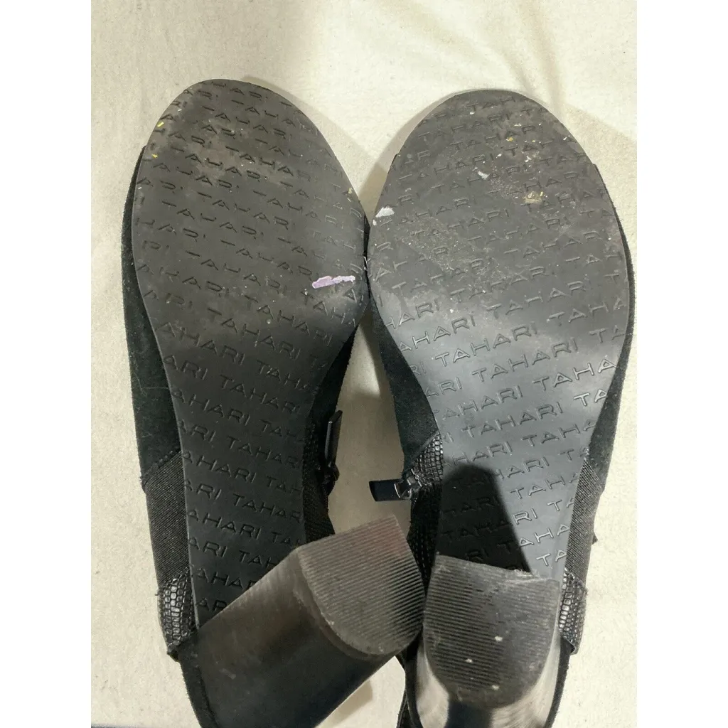 Womans Tahari Mercy Black Suede Peep Toe Chunky Heel Shoe Bootie 9 M Side Zip - Image 8