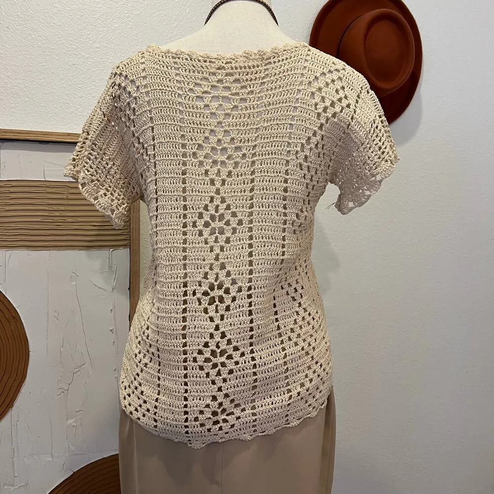 Handmade 70s Woven Cream Short Sleeve Indie Semi Sheer Crocheted Top - Image 4
