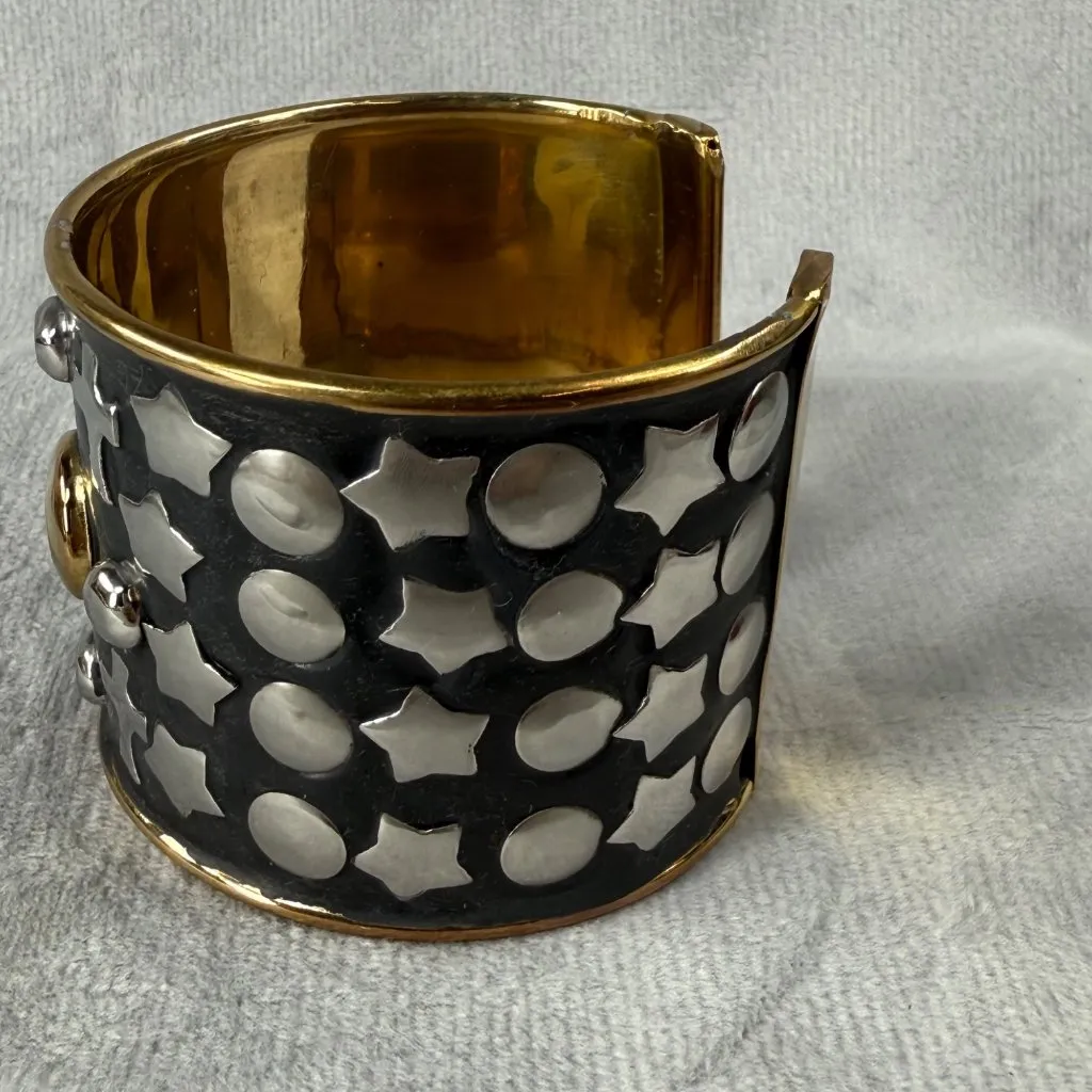 Gold Black Silver Tone Wide Cuff Bracelet Crosses Stars Circle Accents Open Back - Image 5