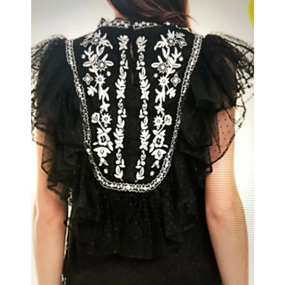 Stellah Whimsy Goth Mesh Black Celestial Boho Top Size M Embroidery Party Size M - Image 2