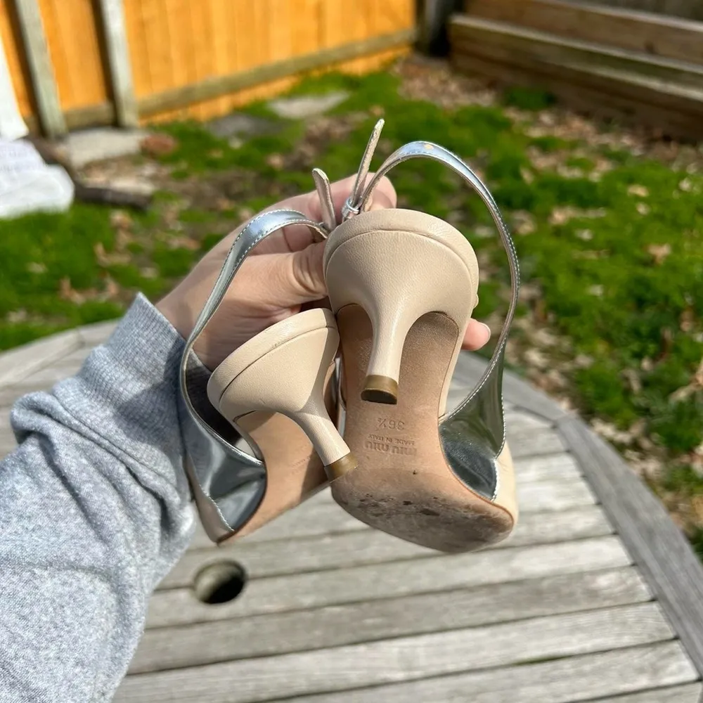 Nude Kitten-Heel Slingback Pumps by miu miu size 36 1/2  nude silver‎ 6 - Image 7