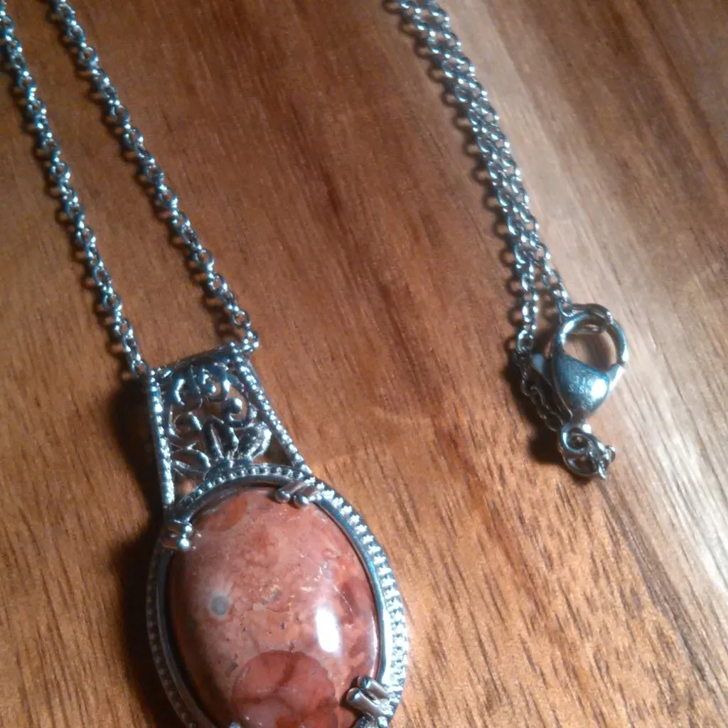 Poppy Jasper Solitaire Platinum Over Copper Pendant Stainless Steel Necklace - Image 4