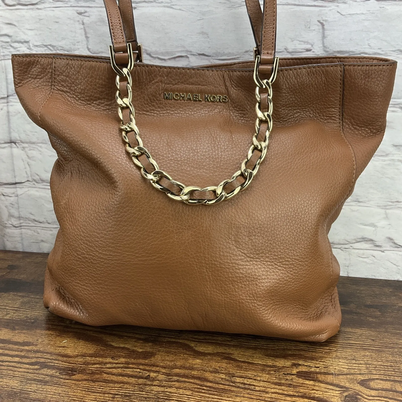 Michael Kors Harper North South Tote in Luggage Brown Gold Chain - Image 2