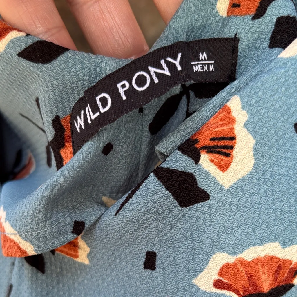 WILD PONY Size MEDIUM Floral Blue Wide Leg Jumpsuit Ivory Black Copper Brown - Image 6