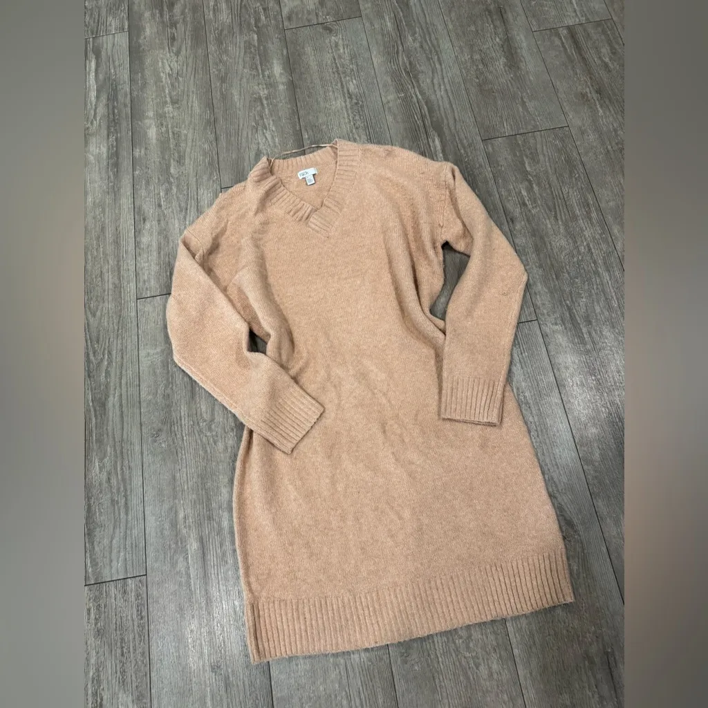 Elegant Tan V-Neck Sweater Dress - Image 4