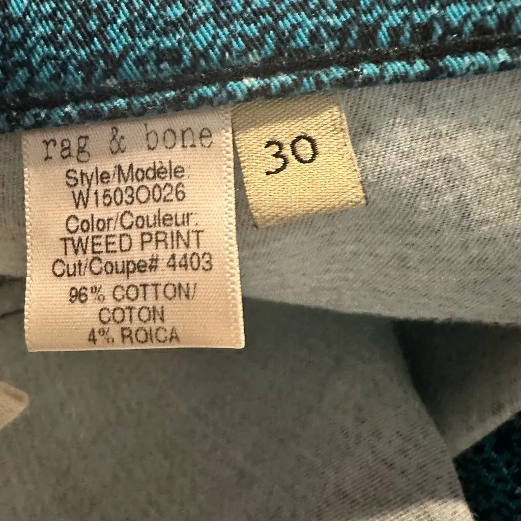 Rag & Bone Skinny Jeans Turquoise Blue and Black Tweed Print Stretchy size 30 - Image 7