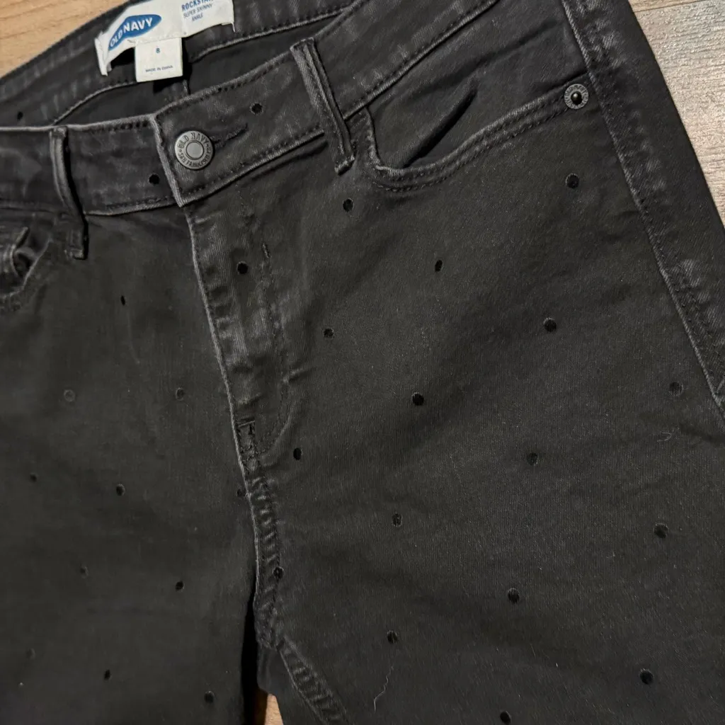 Old Navy Rockstar Polka Dot Frayed Hem jeans size 8 30 inseam Skinny High Rise - Image 9